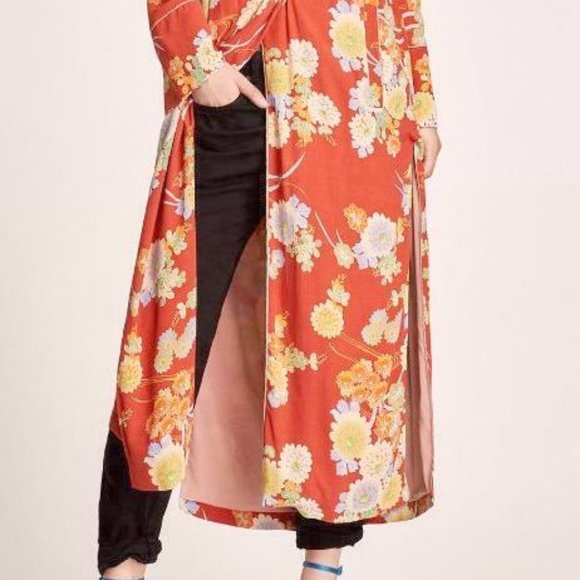 ZARA BOHO CORAL MAXI FLORAL PRINT KIMONO W/BUTTON +POCKETS SIZE S-M - Picture 6 of 6